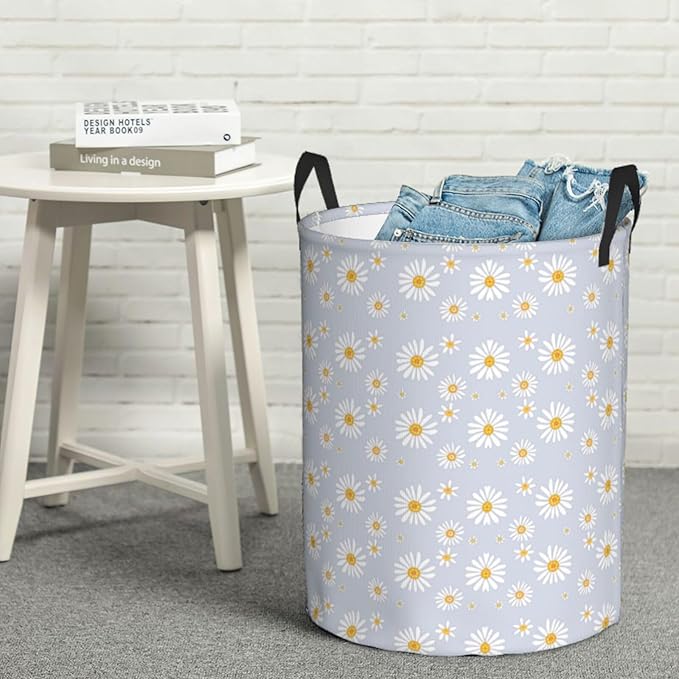 Daisy Flowers Round Laundry Hamper Storage Basket Toys Clothes Organizer Bin For Home Bathroom Bedroom Dorm Nursery, 38l