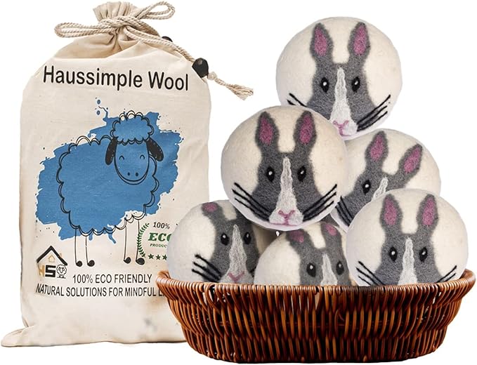 Wool Dryer Balls Organic Felt 6 Pack Laundry Fabric Softener, Extra Large Reusable Handmade Natural Sheep Wool Lint Wrinkle Free Anti Static Baby Safe (Bunny)
