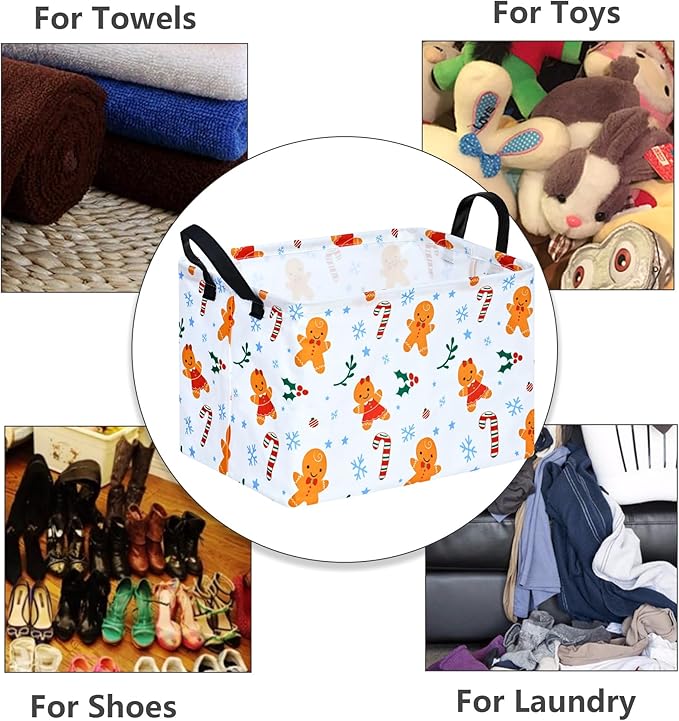Christmas Basket for Kids Gingerbread Santa Claus Snowman Storage Baskets Collapsible Nursery Hamper Waterproof Clothes Toy Bin Book Shelf Gift Basket Cube Xmas Party Decor