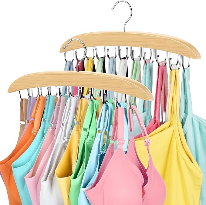 2 Pack Bra Organizer for Closet, 360° Rotating Bra Hanger Space Saving w/20 Foldable Metal Hooks, Tank Top Hanger Closet Organizers and Storage for Camisoles/Tank Tops/Bras/Belts/Scarves Wood