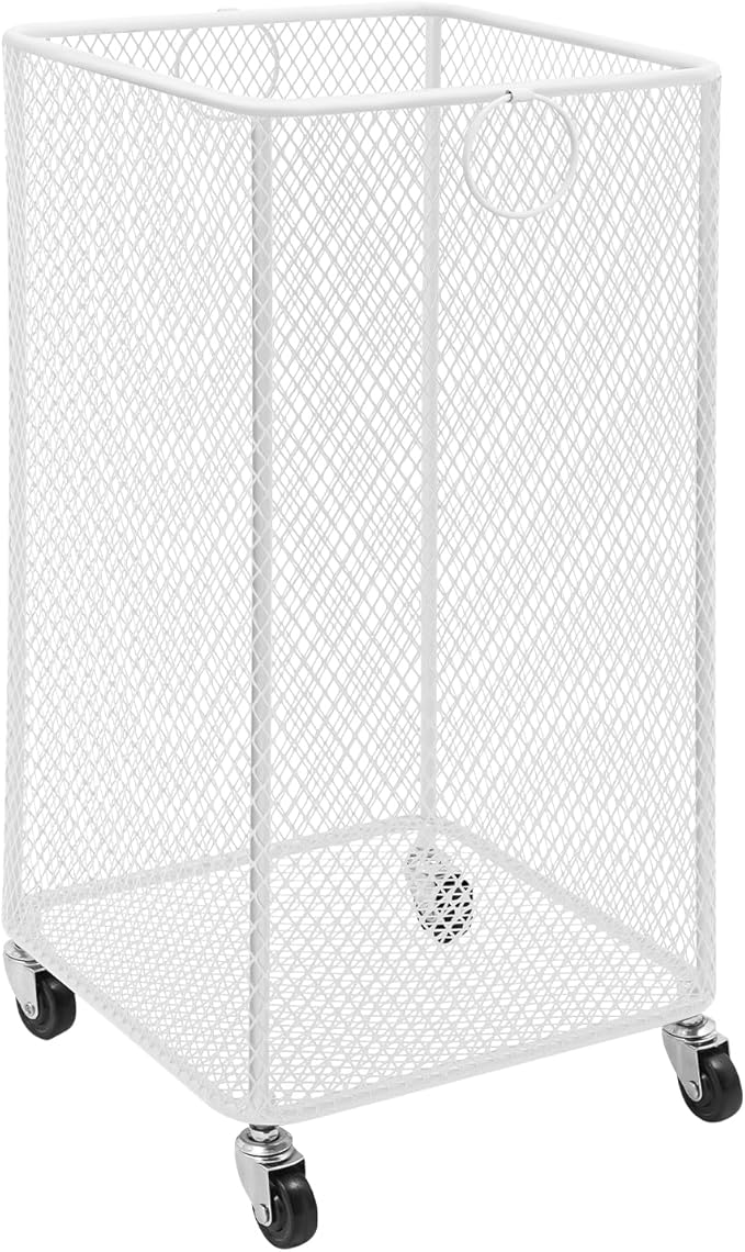 Rolling Laundry Basket Cart, Metal Laundry Hamper with Wheels, Laundry Organizer Basket Cart, Clothes Storage Organizer Hamper for Living Room,Bathroom,Closet (White, Square)