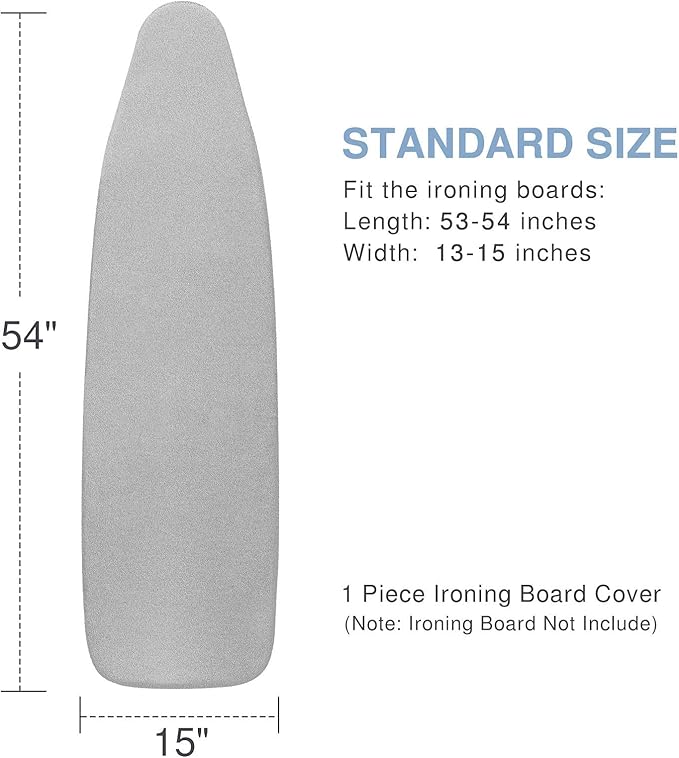Ironing Board Cover and Pad, Standard Size 15x54, Thick Padding, Elastic Edge, Silicone Coated, Resist Scorching, Adjustable Fastener, Heavy Duty Padded Iron Board Covers (Grey)