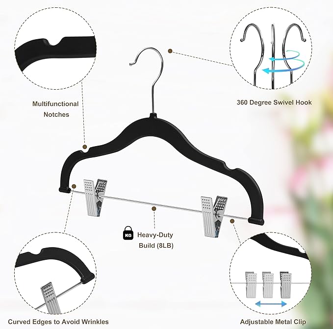 100 Quality Kids Plastic Non Velvet Non-Flocked Thin Compact Skirt Pant Coat Hangers with Metal Clips for Skirts Pants Blouses 360° Swivel Hook, Jacket, Shirt, Pants, Suit Hangers (Black, 100)