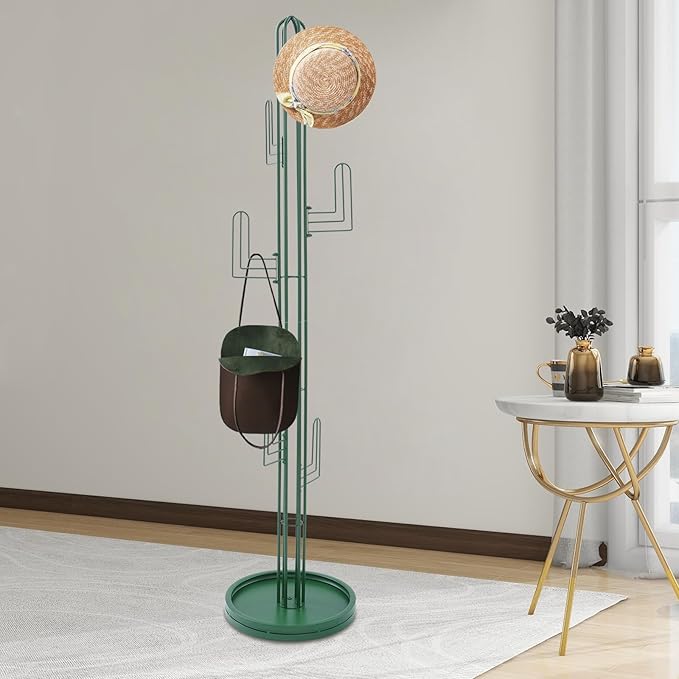 Cactus Coat Rack, Freestanding Coat Rack With 6 Hooks, Modern Metal Coat Racks with Round Base, Gold Cactus Shape Clothing Stand for Bedroom, Office (Green)