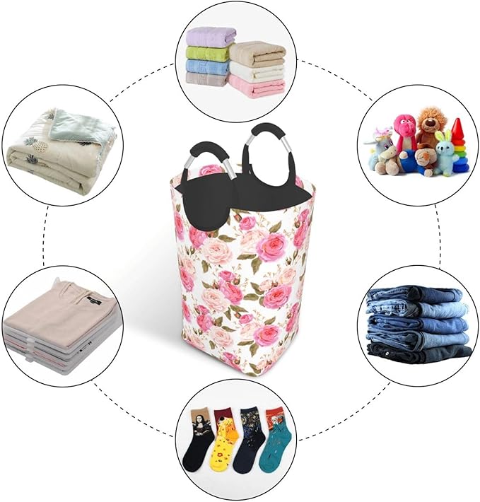Floral Laundry Basket Flower Rose Laundry Hamper Pink Collapsible Baskets with Handle Dirty Clothes Bag Hamper for Dorm Family Bathroom Decor Storage 50L