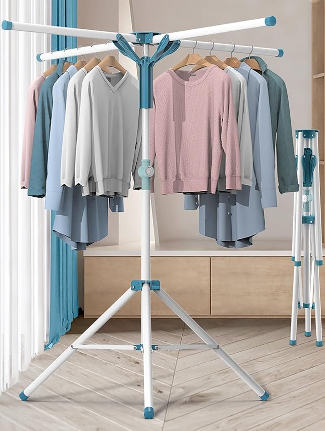 Clothes Drying Racks, Height-Adjustable 52 Inches Updated Version,Stainless Steel for Indoor Outdoor,Length Adjustable Saves Space,with 20 Windproof Hooks (Tripod Rack, 52")
