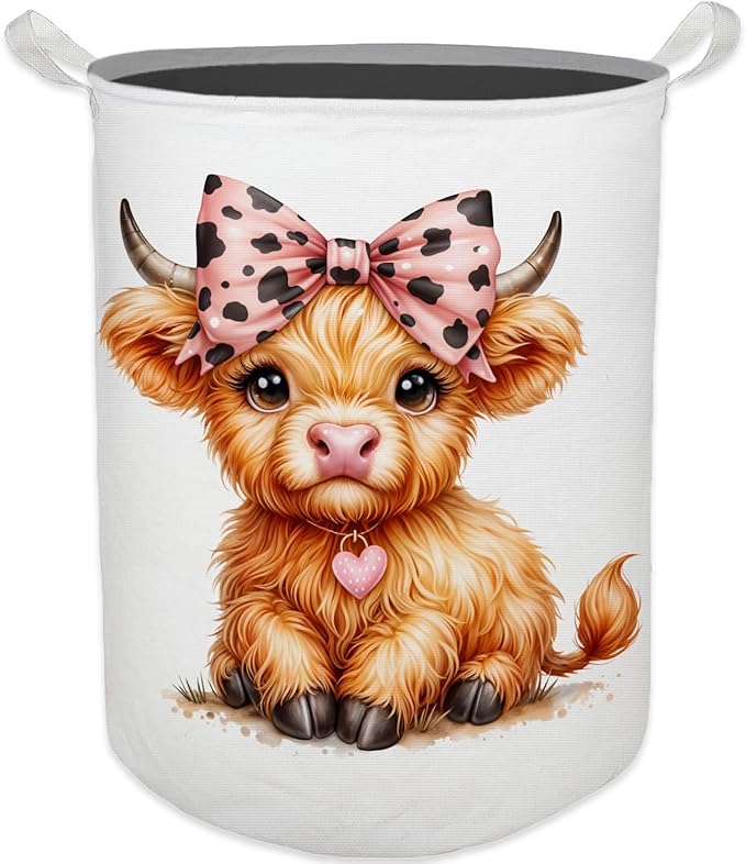 Highland Cow Baby Nursery Laundry Basket, Toybox for Girls Room, Pink Leopard Bow Cow Laundry Basket Waterproof Collapsible Clothes Toys Storage Bin Organizer for Kids Room Playroom Bathroom