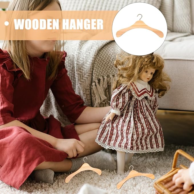 Baluue Mini Wooden Clothes Hangers for Dolls Bjd Doll Accessories Small Dollhouse Clothes Organizer 10Pcs Set for Kids Toy Storage