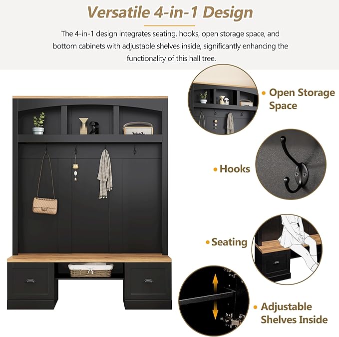 Hall Tree with Wood Grain Bench and Top, Farmhouse 4-in-1 Hall Tree with Black Hooks and Shell Handles, Multifunctional Wood Coat Rack with Adjustable Shelves for Hallway, Living Room (Black/153)