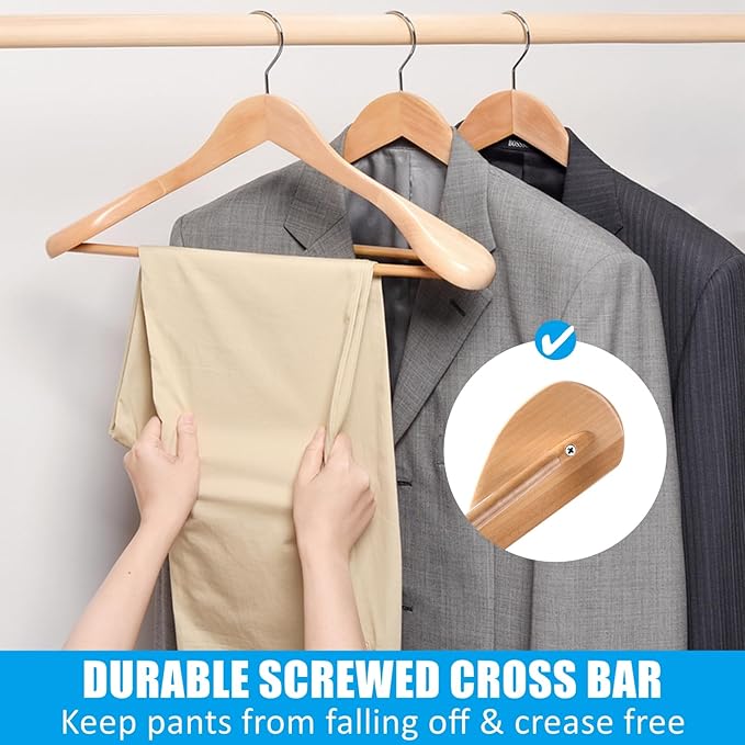 Amber Home 6 Pack Wide Shoulder Wooden Suit Coat Hangers with Non Slip Pants Bar, Solid Wood Jacket Clothes Hangers Smooth Finish for Sweater, Pants, Heavy Clothes (Natural, 6 Pack)