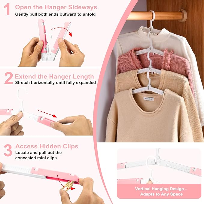 6 Pack Fodable Travel Hangers with Clips & Adjustable Clothesline, Portable Collapsible Hangers with Storage Bag for Suitcase, Hotel, RV, Cruise Essentials Set (Pink)