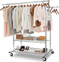 Whitmor Heavy Duty Clothing Rack: Adjustable & Extendable Rolling Garment Rack with Lockable Wheels, Double Rod Clothing Racks with 2 Bottom Shelves, Max Load 500LBS for Hanging Clothes, Chrome