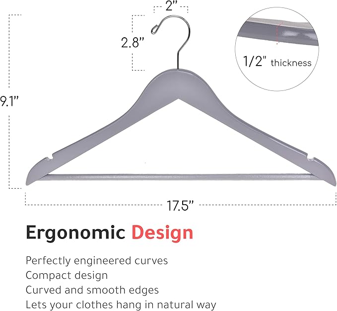 Quality Wooden Hangers - Slightly Curved Hanger Set of 10-Pack - Solid Wood Coat Hangers with Stylish Chrome Hooks - Heavy-Duty Clothes, Jacket, Shirt, Pants, Suit Hangers (Gray, 10)