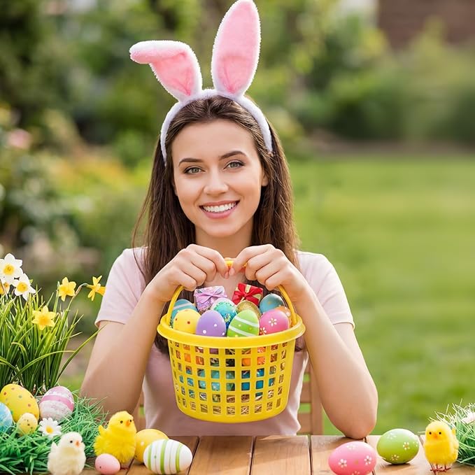 18PCS Easter Small Plastic Baskets with Handles Bulk, 70g Faux Grass Confetti Strips Accessories Filler Stuffers for Spring Decorations Party Supplies Favors