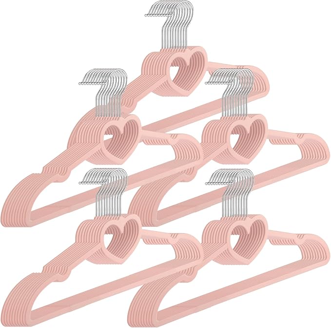 Qunclay 50 Pcs Rose Pink Velvet Heart Hangers, Non-slip Felt Clothes, Heavy Duty Sturdy Heart Clothes Coat Hanger, Cute Kawaii Room Decor for Adult Women, Space Saving No Hanger Mark, 360° Swivel Hook