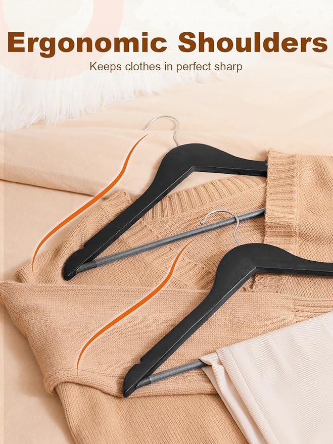 HOUSE DAY Black Wooden Hangers 20 Pack, Solid Wood Hanger with Non Slip Pant Bar, Heavy Duty Wooden Coat Hanger for Closet, Smooth Finish Wood Clothes Hangers for Shirts, Suits, Jackets, Dress