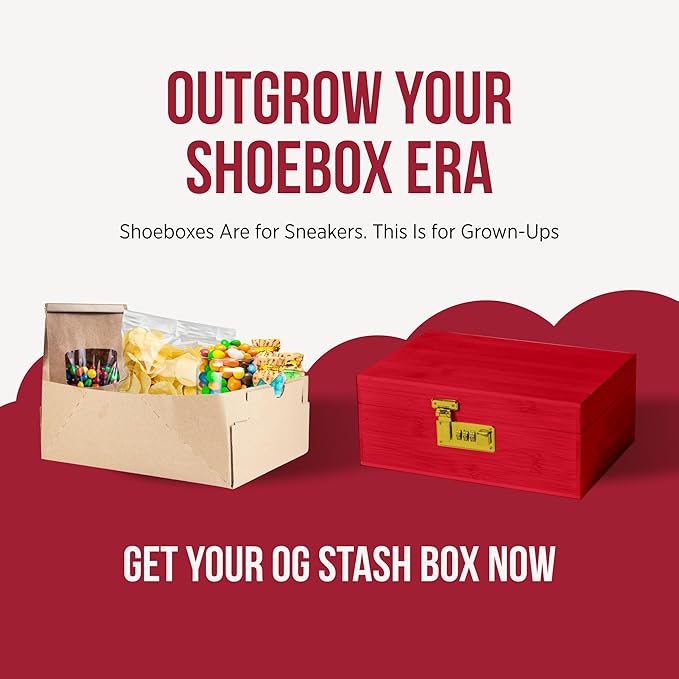 The OG Storage Box - Large Bamboo Box with Combination Lock, Magnetic Lid, Organizer Tray, Airtight Tube, Brush and 3 Glass Jars - Low Profile Decorative Storage Lock Box with Accessories (Red/Gold)