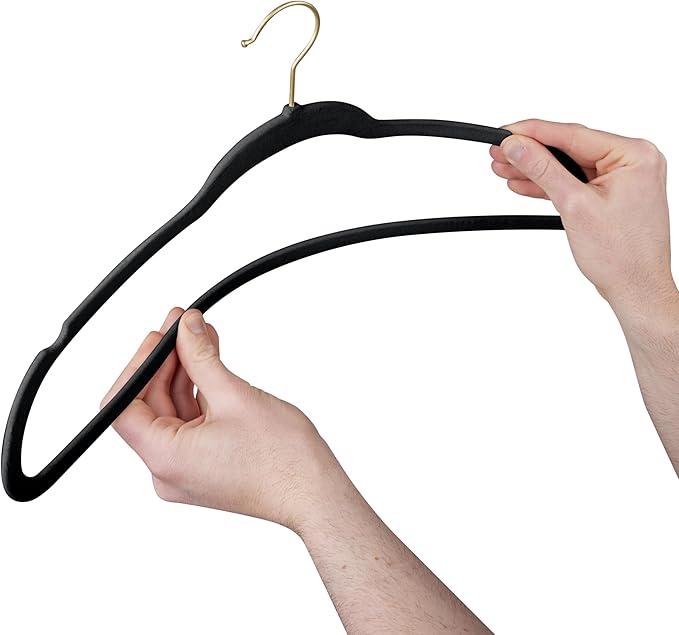 Simplify Slim Velvet Gold Hook Clothes Hangers 25 Pack Non-Slip Shirts Suit Pants Dresses Garments Closet Storage & Organization Durable Black