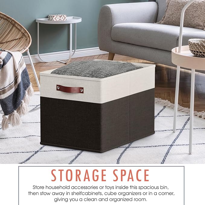Ornavo Home 13 x 15 x 13 Kallax Storage Cube Bins, Foldable Collapsible Fabric Storage Bins Box Linen Shelf Basket Cube Organizer for Closet with Leather Handles, 6 Pack, White/Black