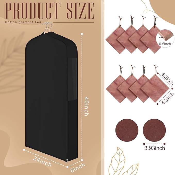 2 Sets 40'' x 24'' x 6'' Short Cotton Garment Bags for Hanging Clothes and Storage, 8 Cedar Blocks for Fresh Smell and Moth Protection, Breathable Covers for Closet Suits Fur Coats Sweaters