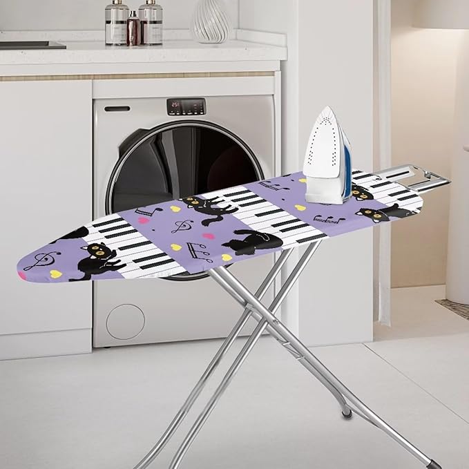 SEANATIVE Black Cat Ironing Board Cover Standard Size Piano Key Print Iron Pad Covers with Elastic Edges Cute Ironing Board Sleeve