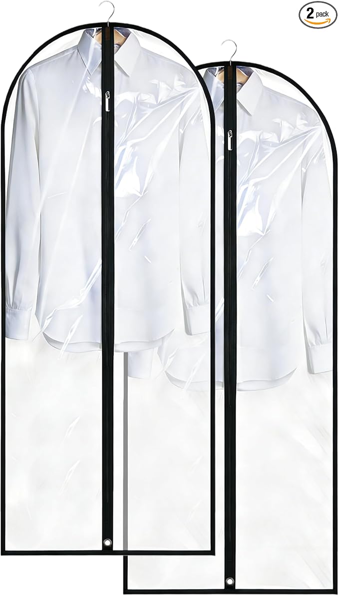 Dress Bags for Gowns Long, 65'' Garment Bags for Hanging Clothes, Suit Bag Cover for Storage and Travel, 2 Pack (Clear)