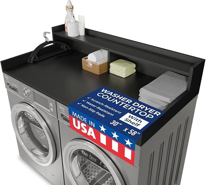 OfficeSimpli Large Washer Dryer Countertop with Shelf - 30 x 58 Inch - Made in USA Laundry Countertop Over Washer and Dryer with Non-Slip Pads, Storage Shelf, Laundry Topper Organizer, Black