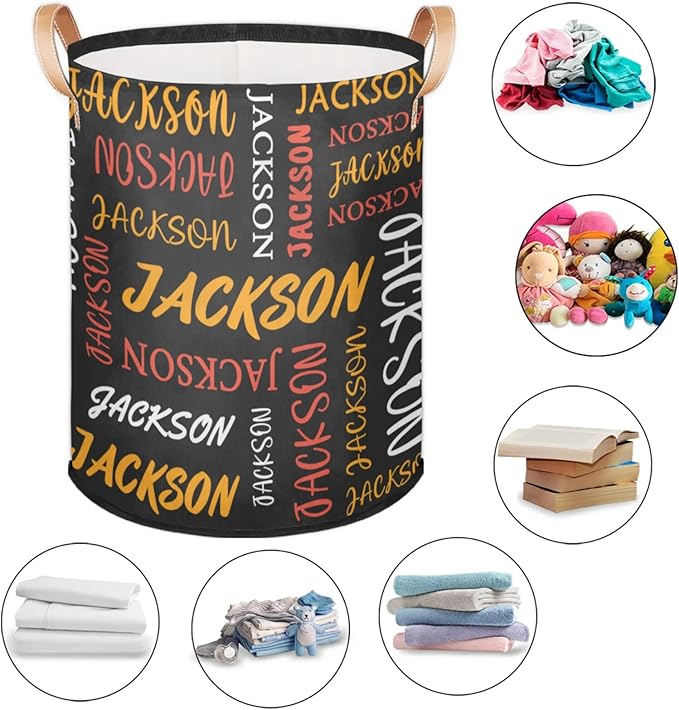 Custom Name Large Laundry-Basket for Kids-Boys-Girls, Personalized Foldable Waterproof Laundry Hamper Dirty Clothes Toys Storage Bin with Handles,Black 2