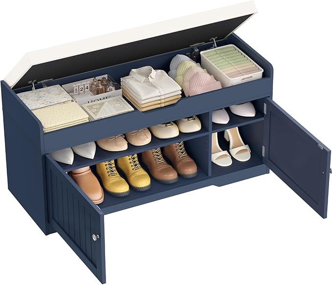 usikey Shoe Bench with Lift Top Storage, Storage Bench with Padded Seat Cushion, Entryway Bench with 2 Adjustable Shelves, for Entryway, Living Room, Bedroom, Blue