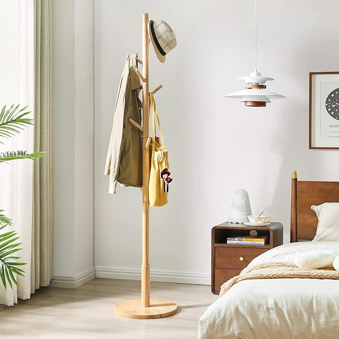 IBUYKE Coat Rack Stand, Freestanding Coat Tree with Solid Round Base and 8 Hooks, Easy Assembly Wooden Coat Hanger, Clothes Rack for Hallway Entryway, Living Room, Bedroom, Natural Color WD-115