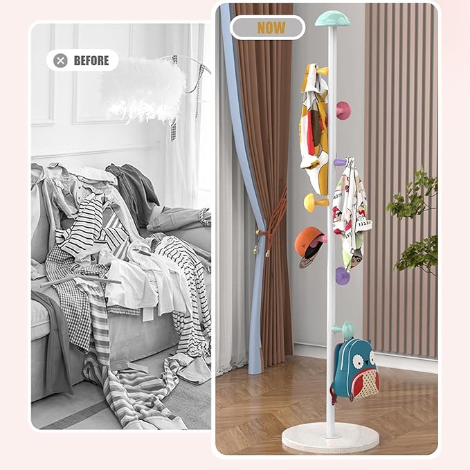 Mushroom Coat Rack, Metal Coat Tree Stand with 7 Hooks and 2 Adjustable Height, Coat Rack Freestanding, Easy to Assemble Coat Tree Stand Clothes Hanger for Entryway, Hallway, Bedroom, White