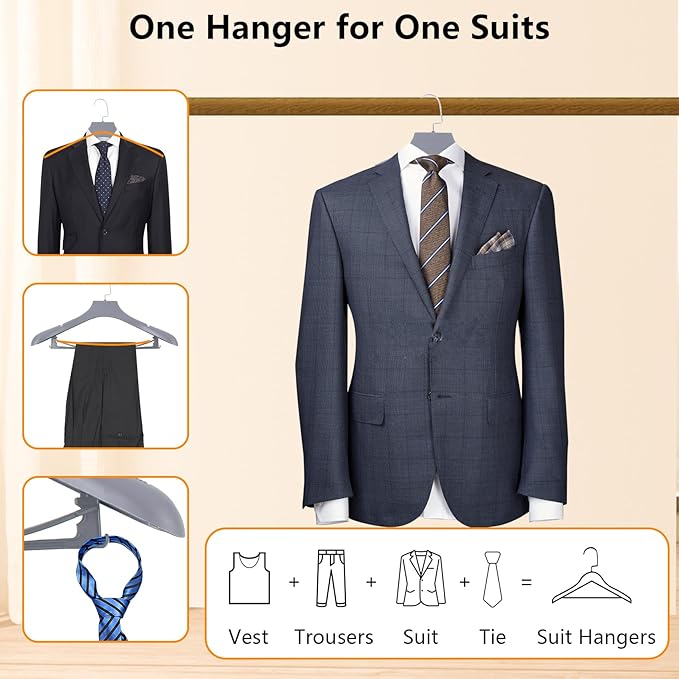 DEDU Suit Hangers for Men 10 Pack, Grey Coat Hangers Extra Wide Non Slip Width 17.7", Thick Plastic with Pants Bar & Metal Hook
