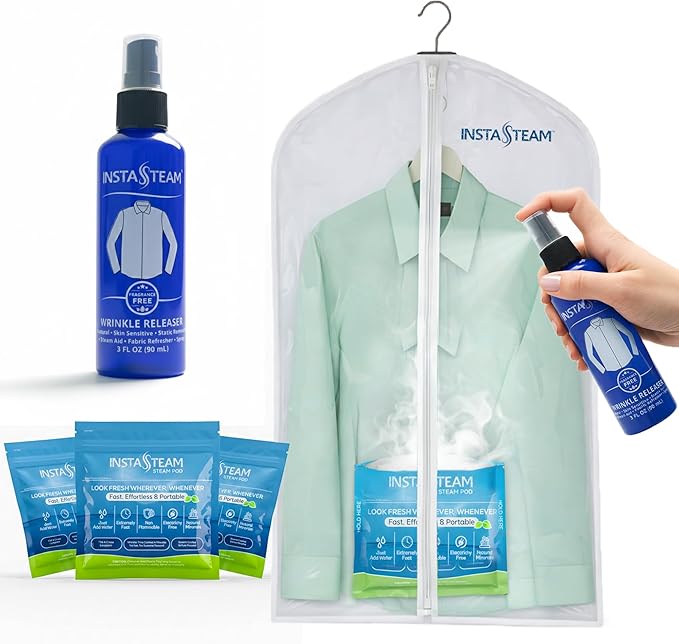 Electricity-Free Portable Travel Steamer For Clothes, Cruise & TSA Compliant, Kit including 3 Wrinkle Release Pods, Wrinkle Release Spray & Garment Bag, Mini Steamer, Eco-Friendly