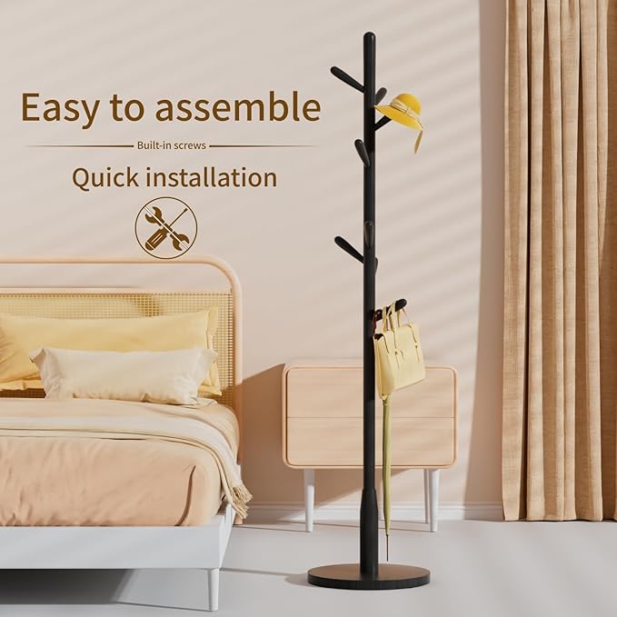 Solid Wood Round Base Coat Rack, Free Standing Hall Coat Tree with 8 Hooks（+2 spare for Coats, Hats, Bags, Purses, for Entryway, Hallway, Rubberwood Hooks,Base and Pole(Round Base,Black)