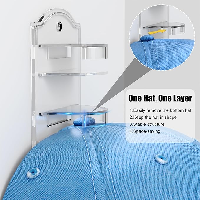Hat Organizer for Baseball Caps on the Wall, Adhesive Hanging Hat Storage Rack, Ball Cap Hooks Display, Vertical Hat Hanger Holder for Door and Closet, Hold Up to 20 Hats, Clear, 2 Pack