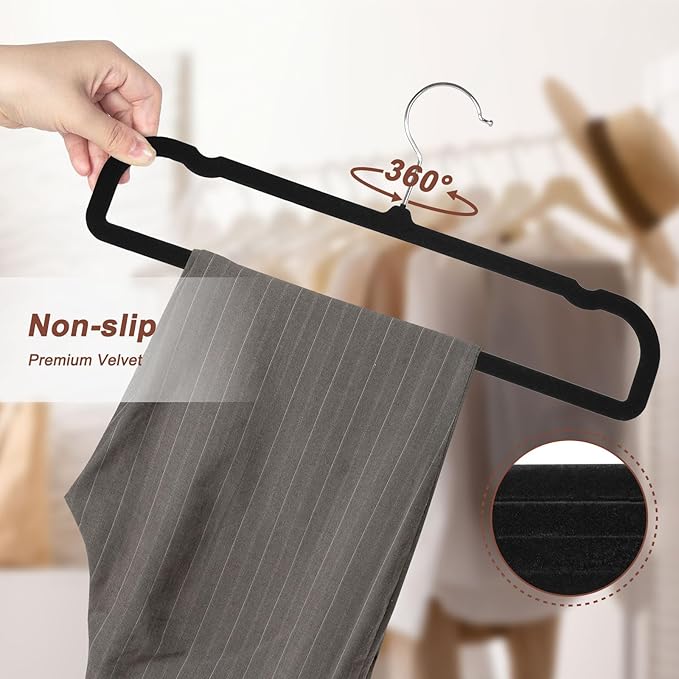 OneDream 20 Pack Velvet Pants Hangers 13.78 Inch with Non Slip Bar, Space Saving Hangers for Clothes, Jeans, Shorts,Trousers, Bra and Tank Tops, 360 Degree Swivel Hook, Black