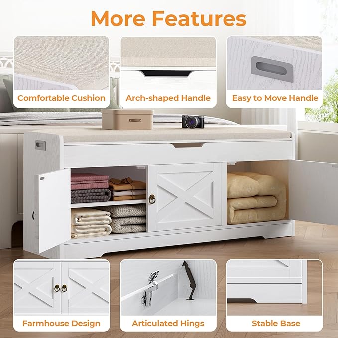 Farmhouse Shoe Storage Bench, Entryway Bench with Cushion Seat, Lift Top Storage, Adjustable Shelf, 3 Doors, 330 lbs Capacity, Storage Bench for Entryway, Bedroom, Living Room (White)