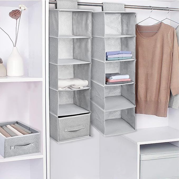 5-Tier Hanging Shelf Closet Organizer with Dividers, Hanging Storage with 2 Removable Drawers, Collapsible Closet and Storage Organization for Clothes, Bags, Dorms, Rooms (2PCS 5-Shelf)