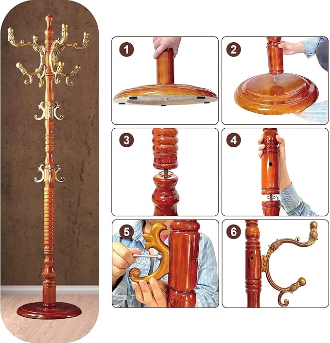 Coat Rack Freestanding, Wooden Coat Tree Stand with 14 Hooks, Easy Assembly with Stable Disc Base for Bedroom, Hallway, Entrance Office for Hats, Coats, Scarves (Begonia color)