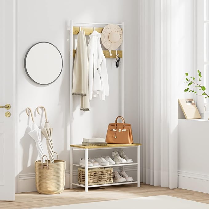 Hall Tree with Bench and Shoe Storage, 3-in-1 Coat Rack Shoe Bench, Freestanding Wooden Coat Rack with Metal Frame, 3-Tier Storage Shelf and 9 Removable Hooks, White/Walnut