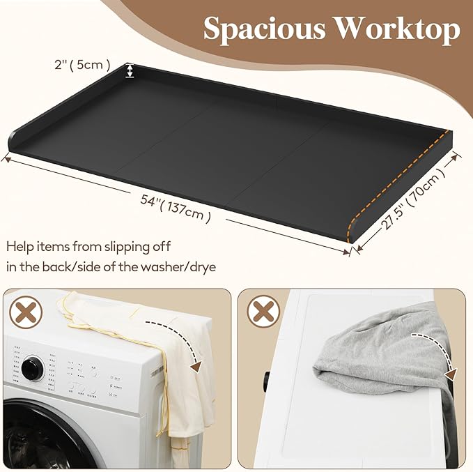 Lifewit Washer Dryer Countertop, Melamine Covers with Edge Rails for The Top, Laundry Room Storage and Organization, Spice Type, Hold 200lbs, Black, 54" x 27.5"