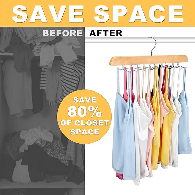 Tank Top Hanger with Premium Wood, 24 Large Capacity, Space Saving,360 Degree Rotating, Foldable Metal Hooks, Tank Tops