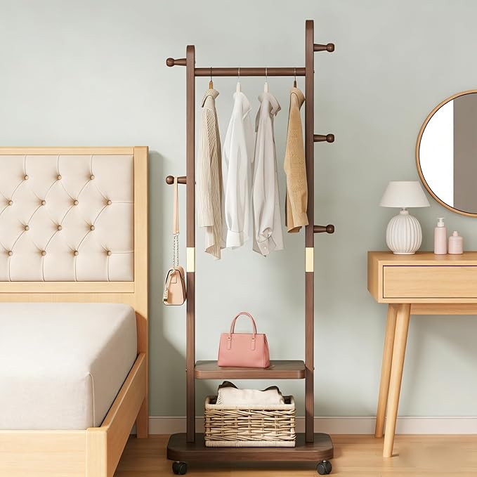 Solid Wood Coat Rack for Entryway Bedroom Corner 2-Tier Freestanding Clothing Stand with Wheels & 5 Hooks & Storage Shelves Heavy Duty Rolling Clothes Rack with Hat Hanger