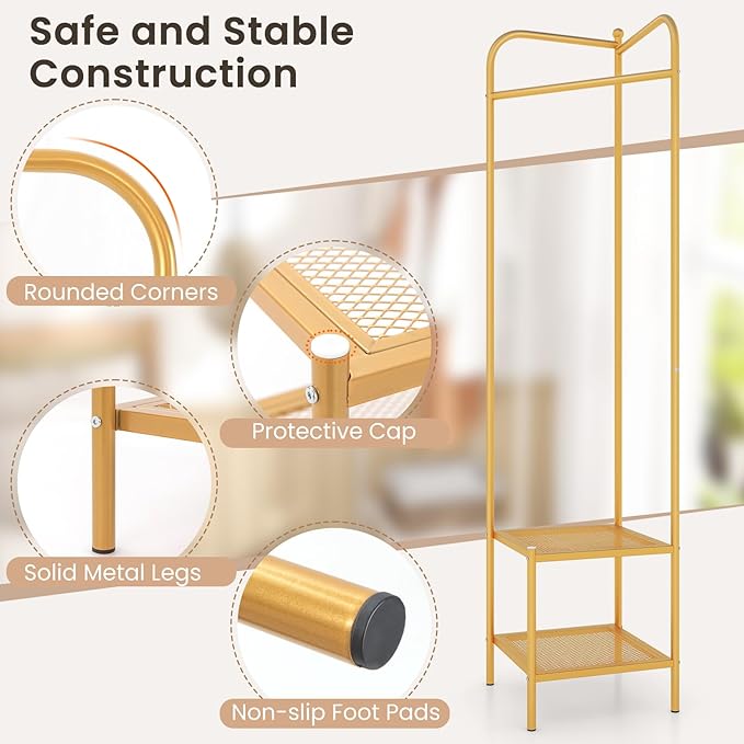 Tangkula Corner Coat Rack with Storage, Simple Hall Tree with Hanging Rod & 2 Mesh Shelves, Anti-toppling Devices, Freestanding Metal Clothes Rack Shoes Shelf Organizer for Entryway Bedroom (Golden)