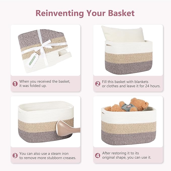 Cotton Rope Basket, Storage Baskets with Handle, 15x10x9 Inch Woven Basket for Shelves, Laundry, Towels, Clothes, Books (White/Pink 1Pack)