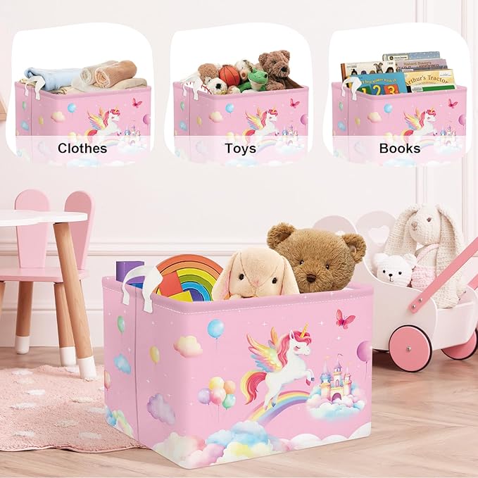 Unicorn Laundry Hamper Large Storage Basket Rainbow Clouds Collapsible Parents Organizer Kids Toy Clothes Bins for Bedroom, Bathroom, Rainbow, 36L