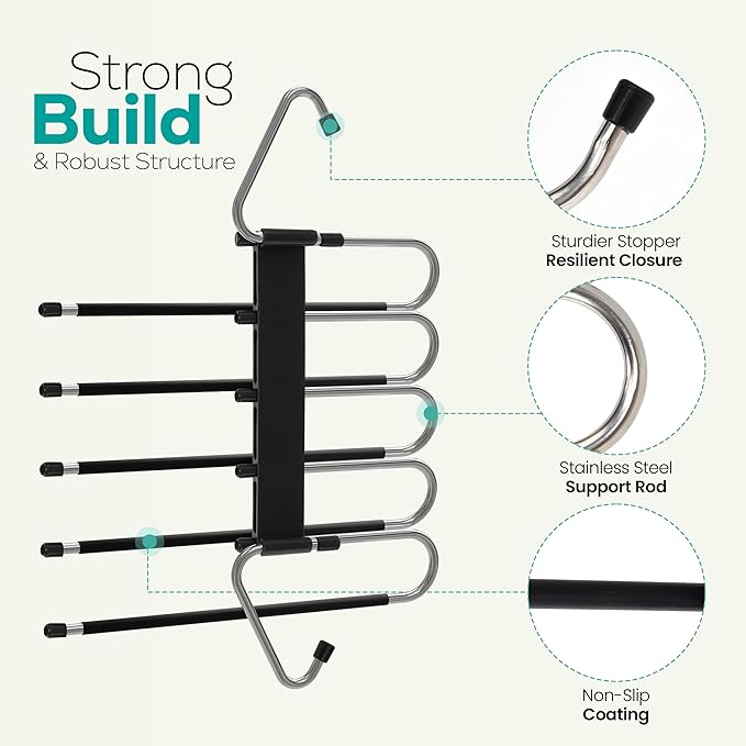 Utopia Home Pants Hangers Space Saving 2 Pack - Space Saving Hangers Or Closet Organizer for Clothes, Scarf, Pants & Skirt with S-Type Stainless Steel Hook & Anti-Slip Design (Black)