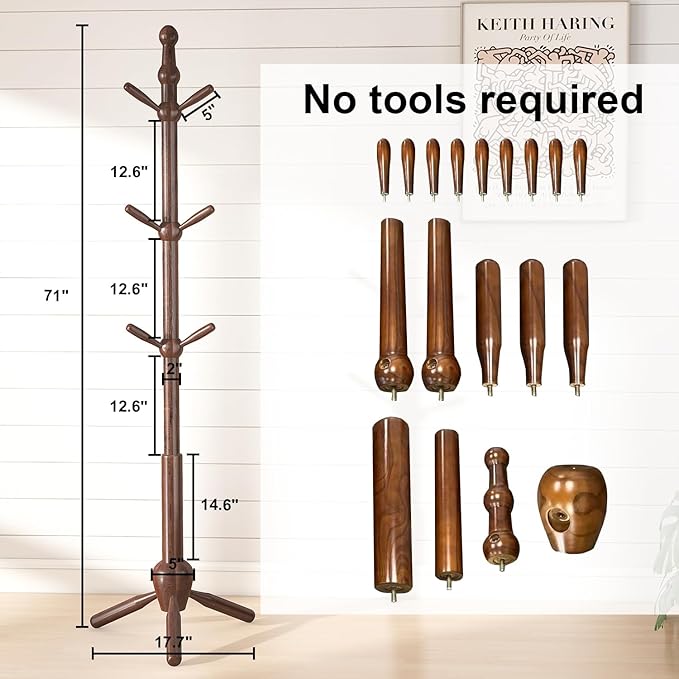 Solid Coat Rack Stand, Coat Rack Freestanding with 9 Hooks and Adjustable 3 Heights, Tree Coat Stand with Triangle Base for Entryway, Bedroom, Hallway, Wood Grain