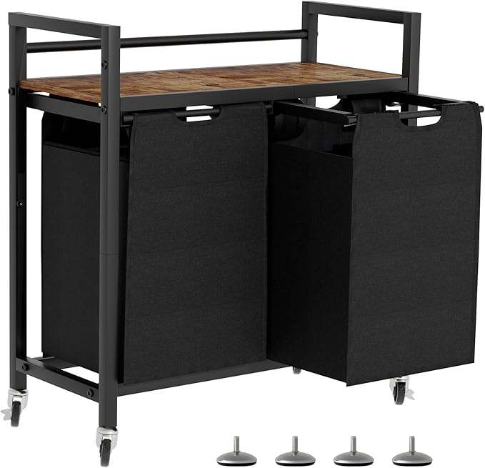 Laundry Hamper, Laundry Basket, Laundry Sorter with 2 Removable Bags, Clothes Basket with 2 Compartments, Wheels, Shelf for Laundry Room Bathroom Bedroom (2 Bags-Black)