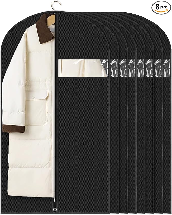 Garment Bags for Hanging Clothes (8 packs,43 inches) Black Suit Bags for Closet Storage and Travel with Clear Window for Sweater Coat Suits Shirt